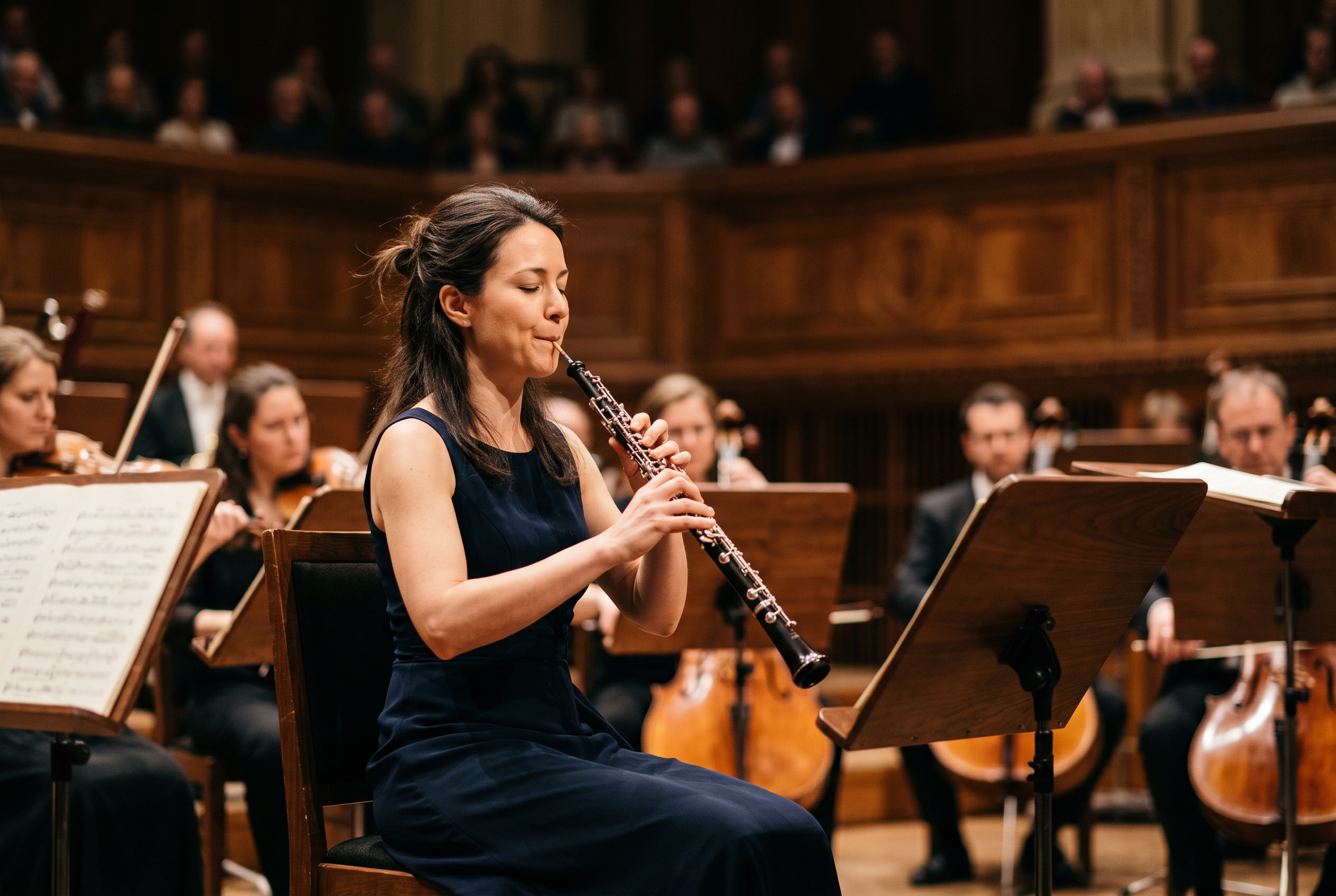 Oboísta tocando con los ojos cerrados y gesto sereno, sentada en el escenario entre los músicos de una orquesta