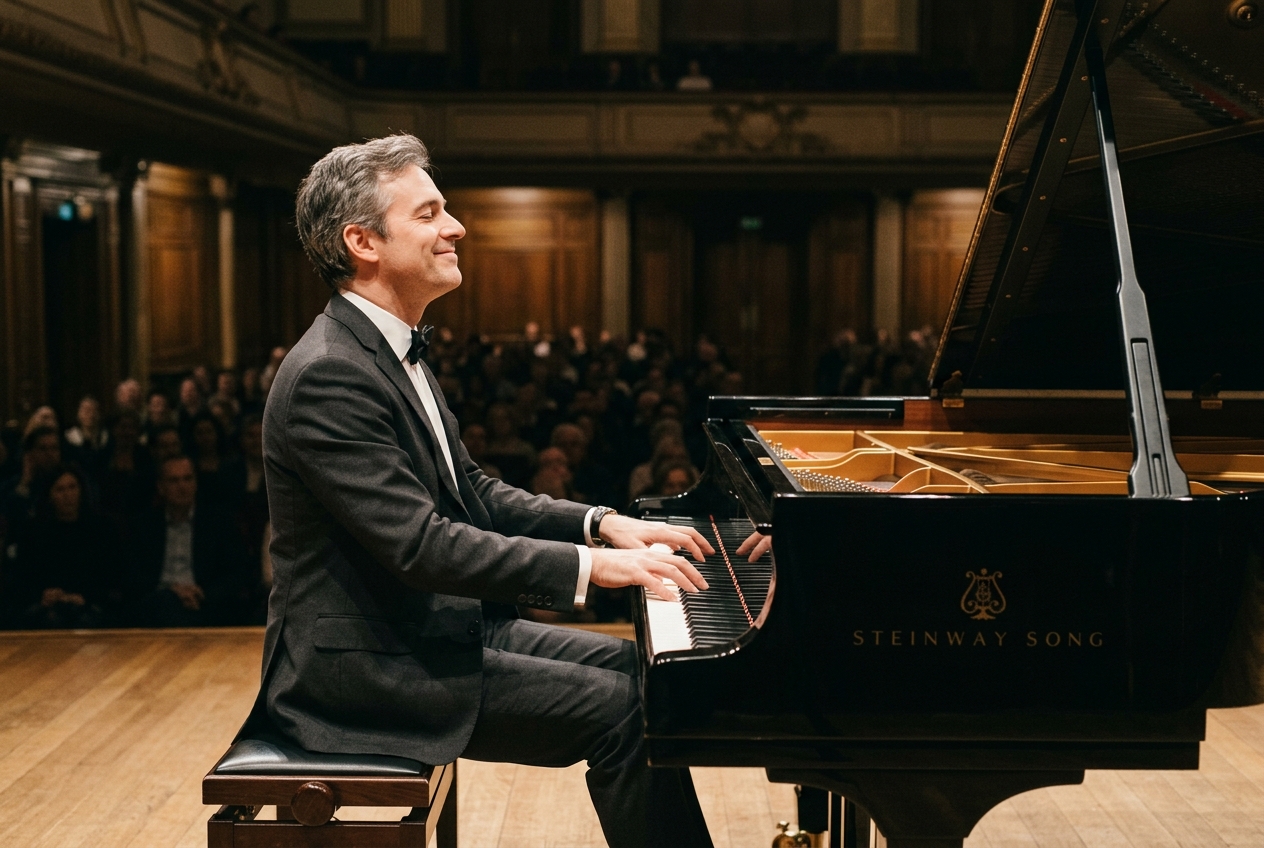 Pianista de pelo canoso tocando un piano de cola con los ojos cerrados y una sonrisa serena, en el escenario de una sala de conciertos con público al fondo