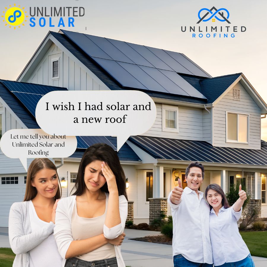 A smiling homeowner stands on a sunlit porch, holding a phone and gesturing toward solar panels on the roof, with a modern suburban neighborhood in the background. The scene is vibrant, friendly, and welcoming, emphasizing community and sustainable living.