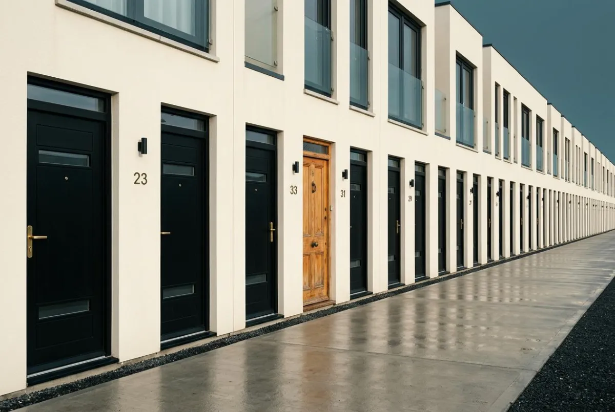 Identical black front doors in a row with one warm timber door  standing apart from the rest