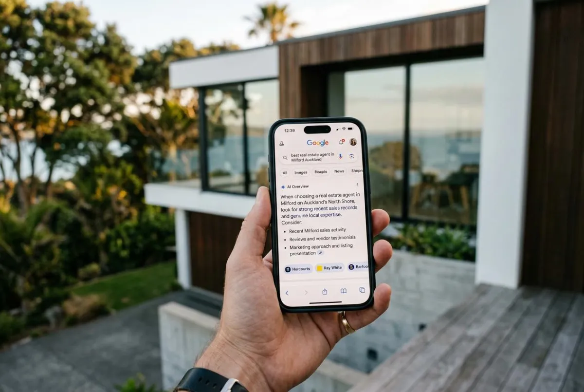 AI search result for real estate agent Auckland North Shore on iPhone