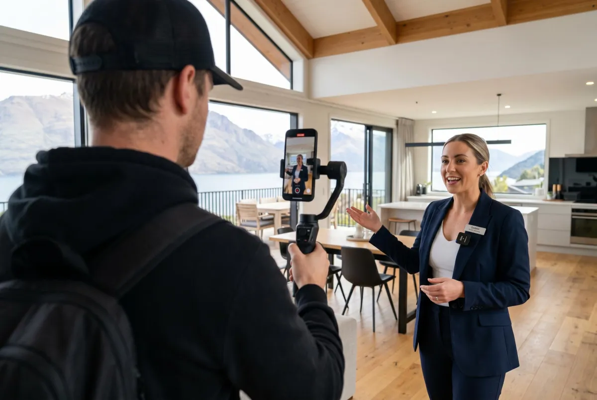 real estate agent being recorded for a real estate property reel