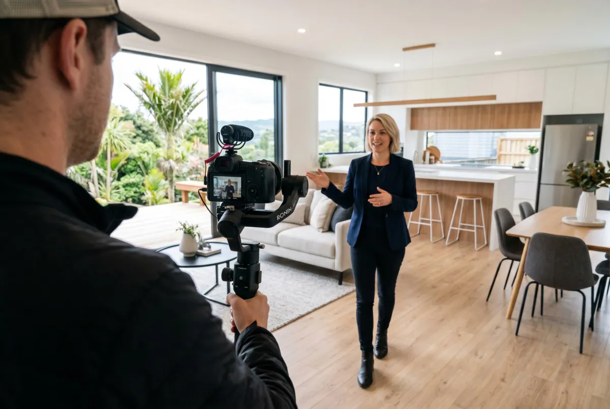 videographer recording a real estate agent in a property marketing video