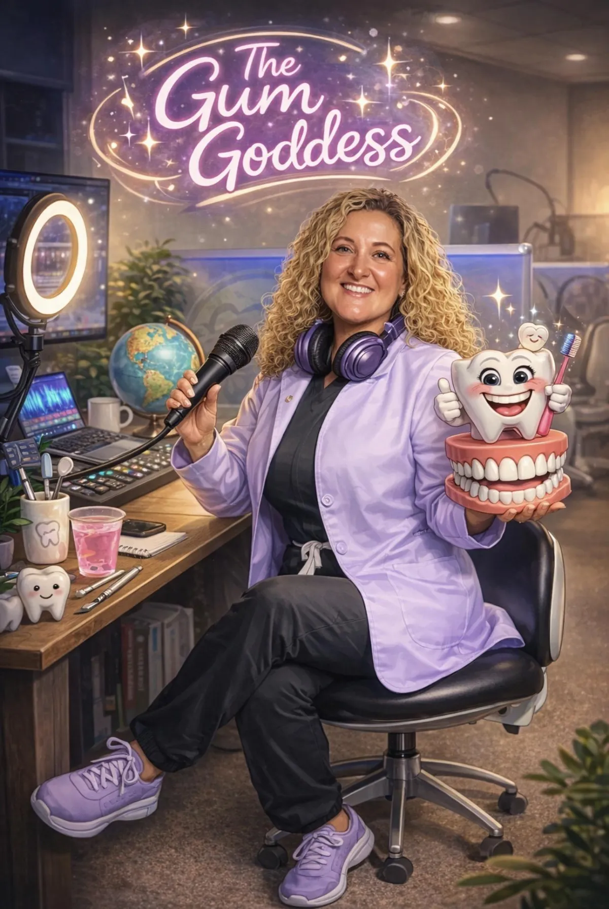 Host of Gums & Gossip podcast smiling with microphone