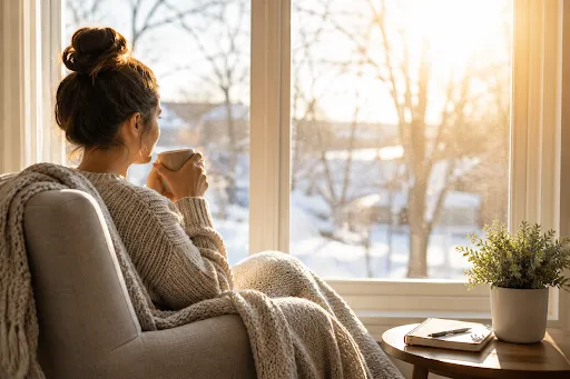 Woman sitting by a sunny winter window, representing Seasonal Affective Disorder and light exposure | Geenens Psychiatry