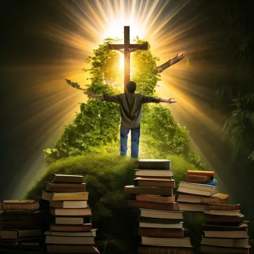 Image of a young man standing on a hill of books arms outstretched to a cross and bright light above for category heading labeled worship & devotion on webpage home gather4grace