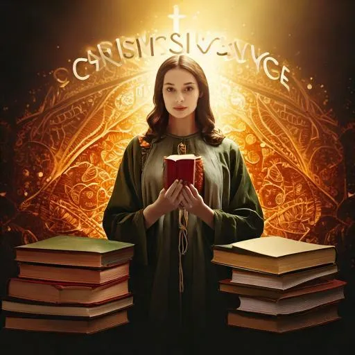 Image of a young woman holding a book and surrounded by books for category heading labeled christian fiction on webpage home gather4grace