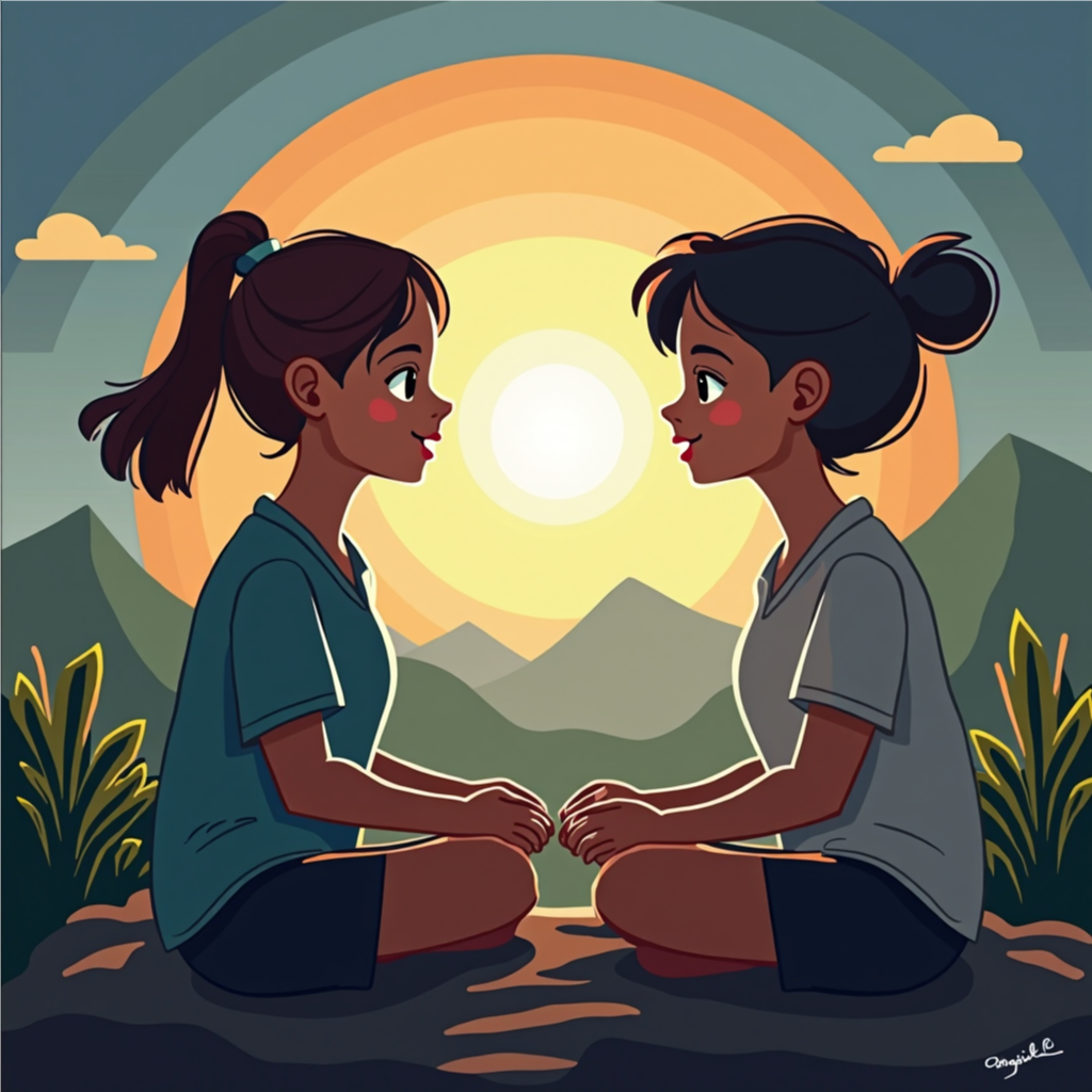 two women sitting on the ground, facing each other, with their hands clasped together in front of them.