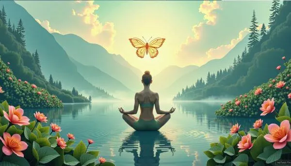 A serene woman practices yoga on a tranquil lake surrounded by lush greenery and vibrant pink flowers.