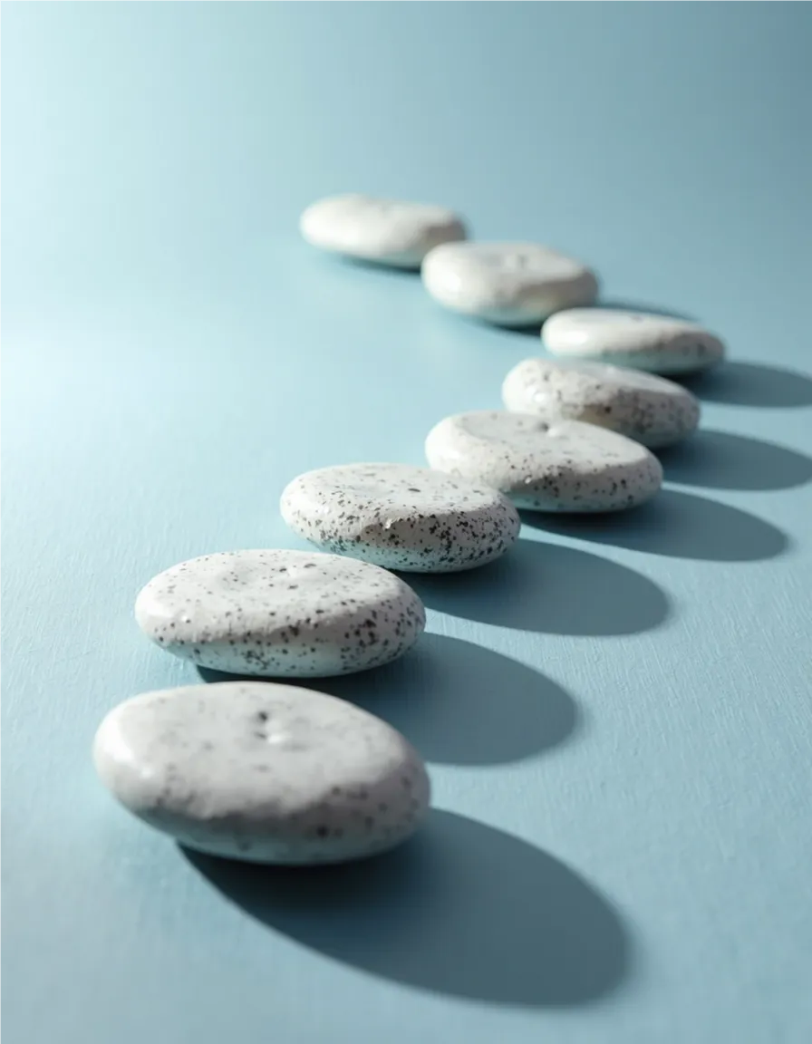 Elegant, minimalist still life photograph: a series of smooth, light gray stones arranged to form an upward curving path Symbolizing progress and clarity. Sophisticated