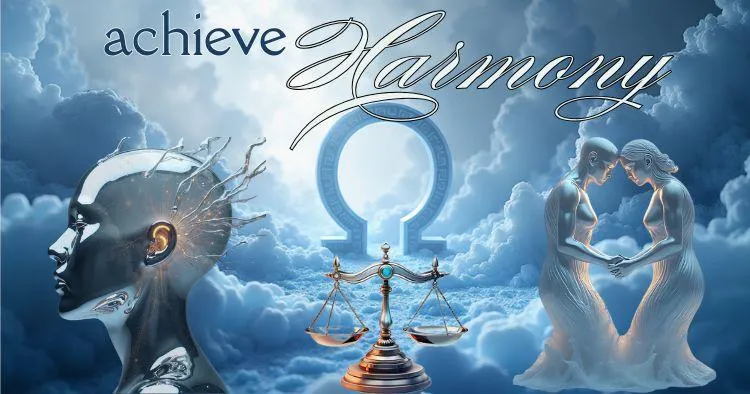 AOWork2Live symbolic graphic: Ethereal 'Work' & 'Life' icons balanced above a scale, with an Alpha-Omega inspired background, illustrating the brand's mission to 'Achieve Harmony' in work-life balance.