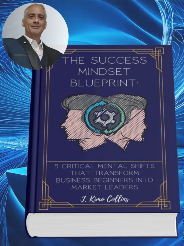 J Kimo Collins with his book, The Success Mindset Blueprint: 5 Critical Mental Shifts for Entrepreneurs.