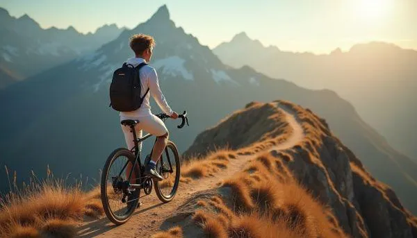 A wide-angle shot captures a person, possibly a young adult with a determined expression, gazing out over a breathtaking mountain trail that winds its way up the slopes.