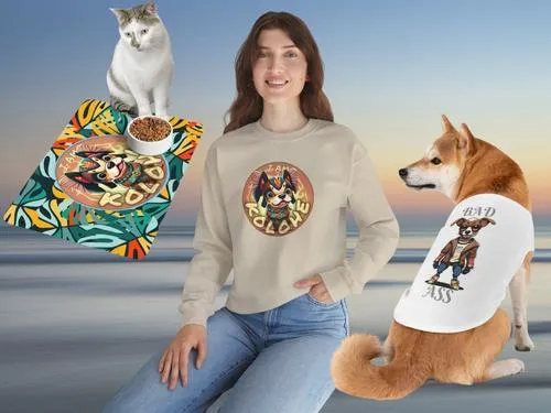 Kolohe Ko apparel and pet accessories collage: 'I Am Kolohe' sweatshirt, 'Bad Ass Cat' pet top, and pet dining mat