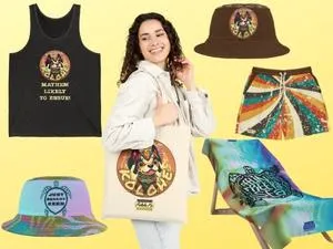 Kolohe Ko beach and sun accessories collage: tank-tops, hats, swim shorts, beach blankets, travel totes
