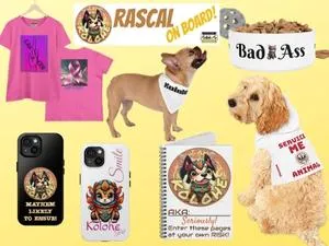Variety of Kolohe Ko merchandise: phone cases, pet bowls, notepads, and bumper stickers