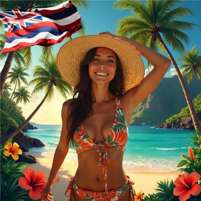 Female model in a sunhat smiling invitingly on a scenic Hawaiian beach with ocean, cliffs, and a Hawaiian flag in the background.