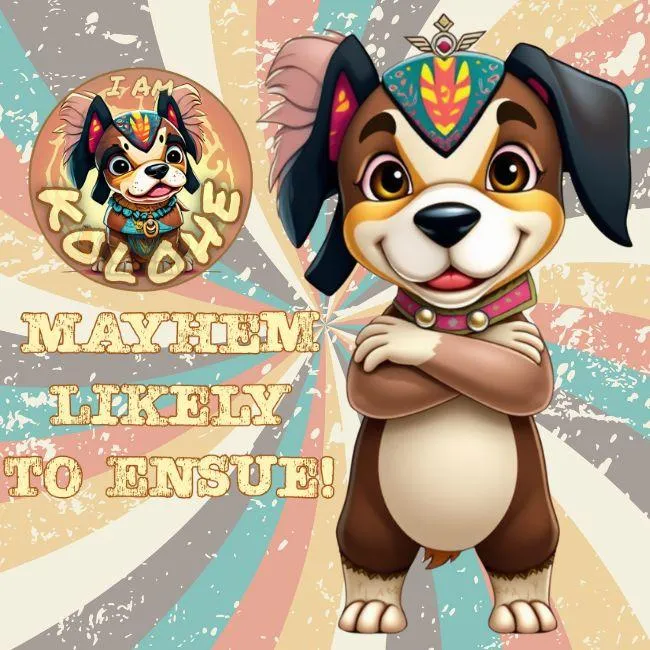 Our mischievous mascot, Kolohe the rascal pup, standing on his hind legs next to the 'I am Kolohe' logo and the 'Mayhem Likely Ensue' motto.l