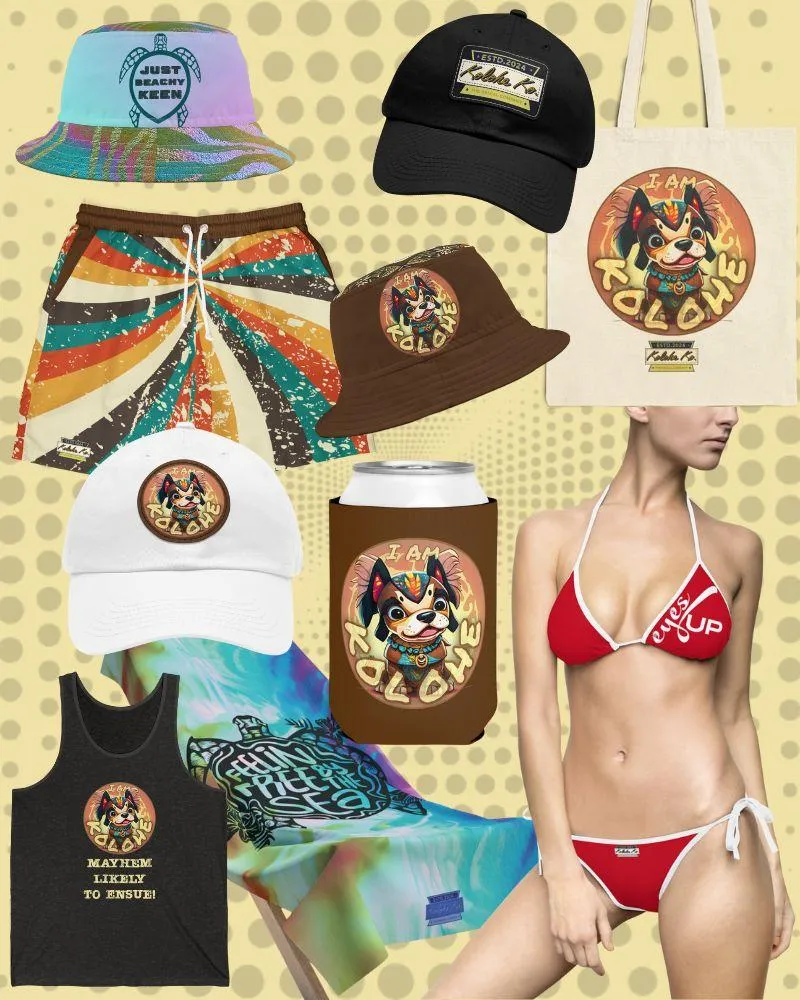 A collage showcasing Kolohe Ko's apparel, including graphic tees, hoodies, and activewear for men and women