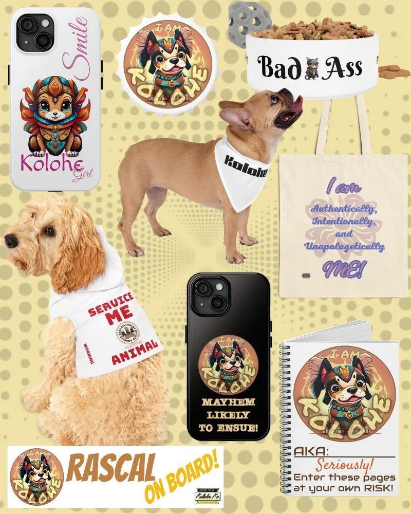 A collage featuring Kolohe Ko's unique merchandise like pet bandanas, coffee mugs, tumblers, and stickers from the Other MERCH and Furry Nation collections