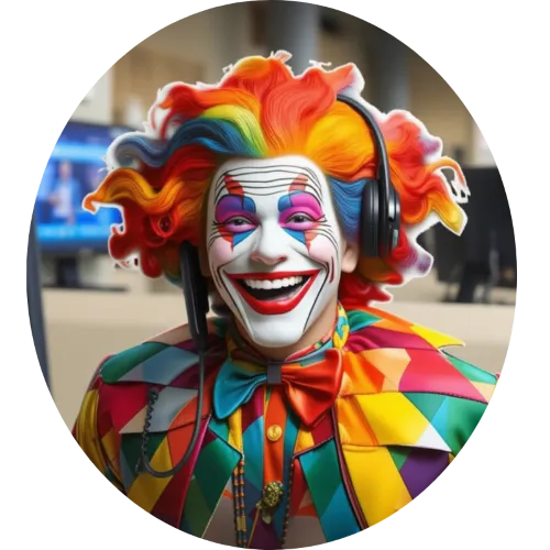 Happy Clown Answering Phones in call center