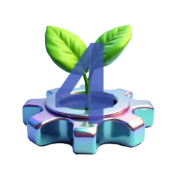 3D chrome icon for step 4: Support and Growth, showing a plant sprout and gear.