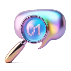 3D chrome icon for step 1: Discovery and Consultation, showing a magnifying glass and speech bubble.