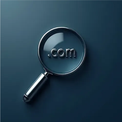 3D magnifying glass icon, centered on a dark slate blue background