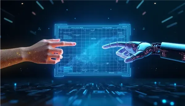 A glowing 3D blueprint of a website. a golden human hand and a chrome AI hand pointing to each other, symbolizing a symbiotic partnership
