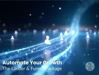 An automated marketing funnel converting glowing lead icons into a river of iridescent chrome. AI-Powered Landing Page & Automated Lead Funne