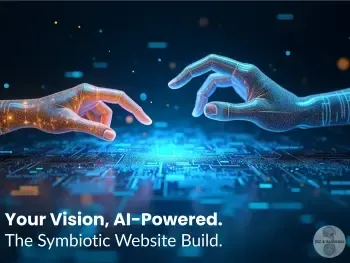 A glowing 3D blueprint of a website being built by a golden human hand and a chrome AI hand, symbolizing a symbiotic partnership.