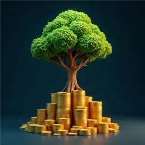 Icon of a strong oak tree growing from golden coins, symbolizing long-term financial growth.