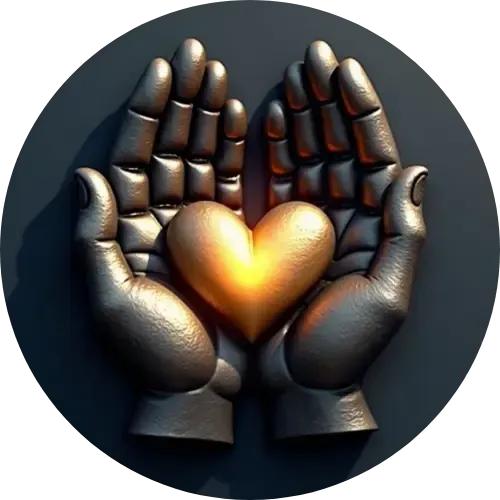 Icon of two hands holding a golden heart, representing the principle of leading with care.