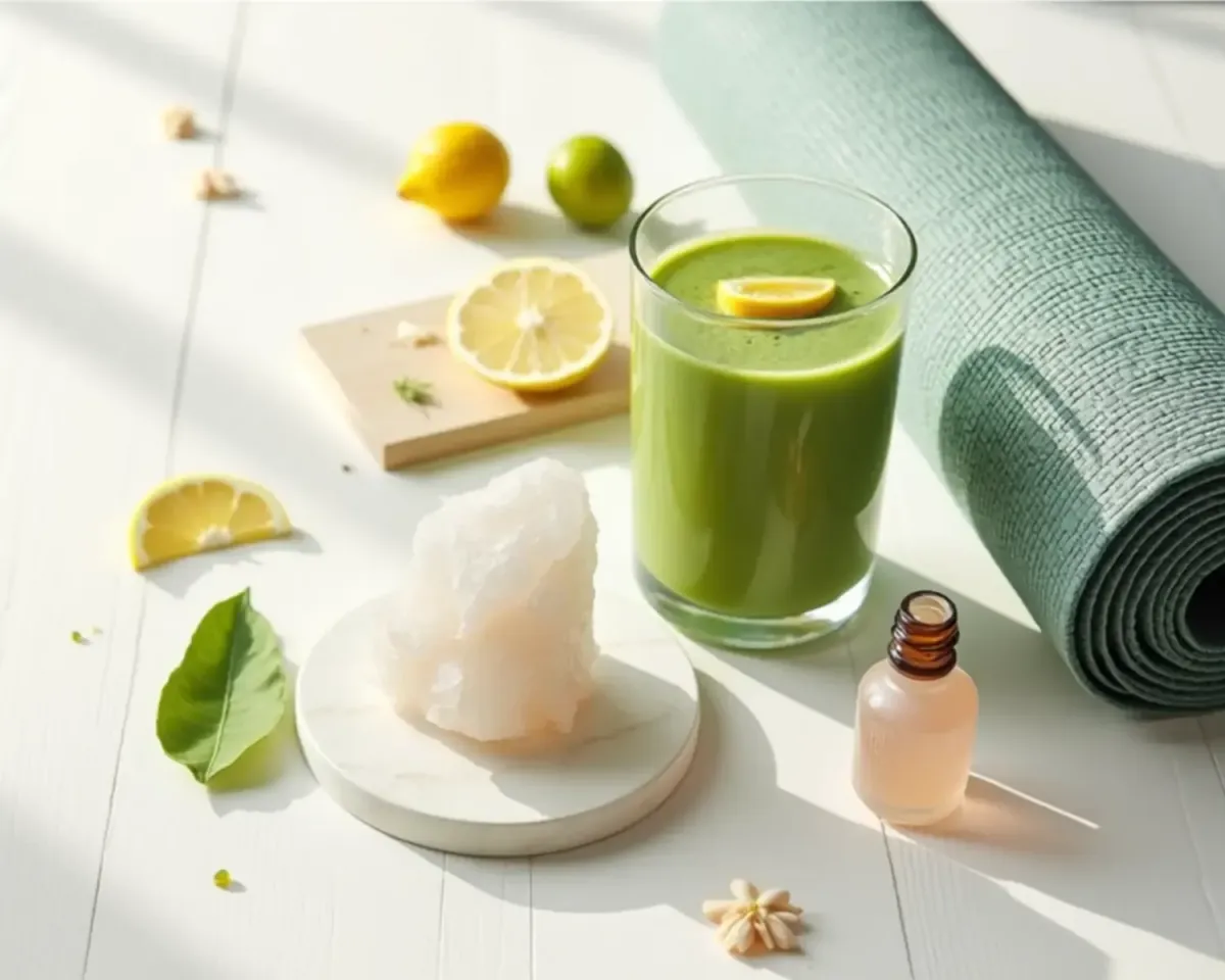 An artistic flat lay of various wellness items.