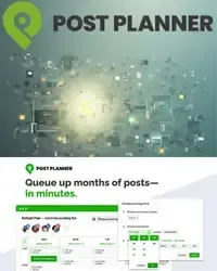 Post Planner hero image showing the logo and the tagline 'Queue up months of posts - in minutes