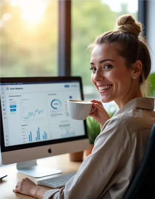 Small business owner (Sarah) effortlessly managing her email marketing with AWeber.