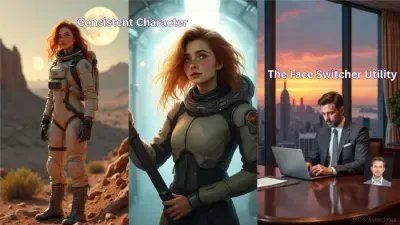 AI-generated image showing a female astronaut with consistent features across scenes, demonstrating the Consistent Character tool.