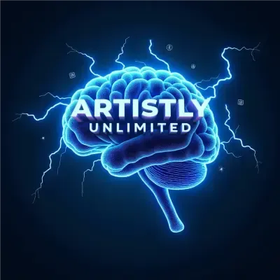 Icon showing a neon-blue brain labeled 'ARTISTLY UNLIMITED' surrounded by digital art, symbolizing unlimited creative power and the lifetime deal.