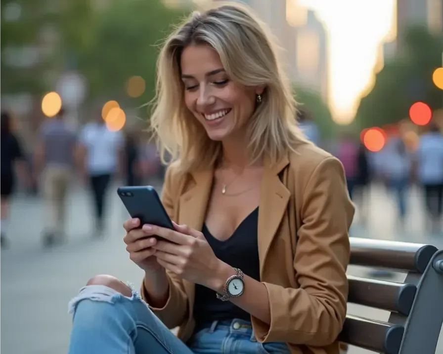 Tag it as Woman happy finding deals on smartphone