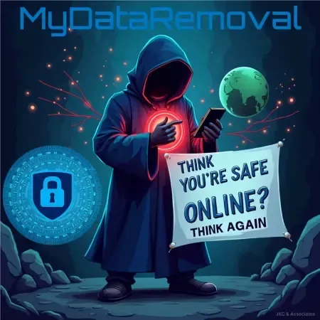 Digital illustration emphasizing the need for online privacy, showing a dark figure on a device with a warning text 'YOU'RE SAFE ONLINE? THINK AGAIN' over their head. Represents data exposure and security risk.
