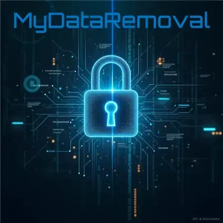 A large, glowing blue digital padlock with the text 'MyDataRemoval' on top, representing high-tech security, privacy, and the automation of data removal. Symbolizes peace of mind.