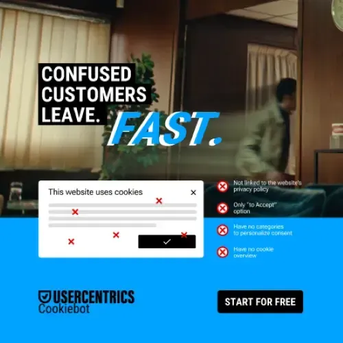 Cookiebot CMP hero banner: Trusted by over 1 million websites to ensure GDPR compliance and seamless integration with Google Ads.