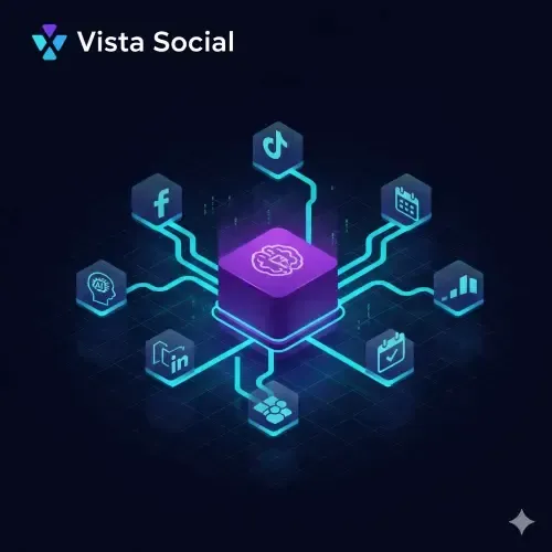 Isometric digital illustration of the Vista Social platform. A central AI brain chip connects to various social media icons (TikTok, Instagram, LinkedIn) and analytics charts, symbolizing unified, AI-powered social media management.