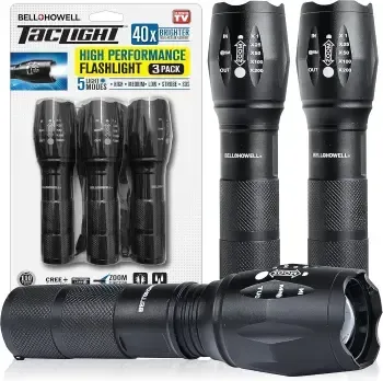 TacLight 3 Pk Tactical Flashlights High Lumens 40x Brighter than Regular Flash Light, SoS Strobe, Zoomable, Aircraft Grade Heavy Duty, Waterproof, Battery Powered, for Emergencies Power Outage Camping