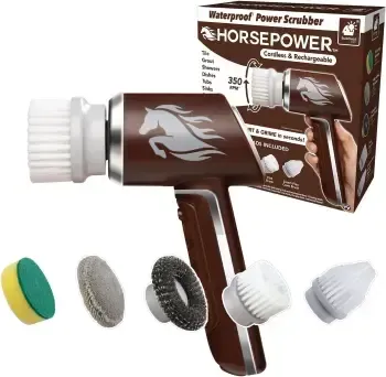 Horsepower Scrubber, Waterproof, Electric Power, Spins 350 RPM, 5 Brush Heads, AS SEEN ON TV, Cleans Dirt & Grime, Tile, Grout, Bathrooms, Kitchen, Auto Rims, Outdoor Furniture & More, Rechargeable
