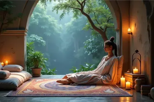 A serene spiritual sanctuary featuring a meditative figure seated in an arched stone window overlooking a lush garden, representing the journey to discover the divine within.