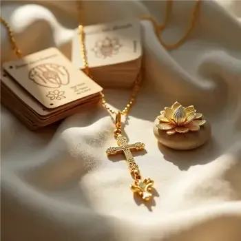 Elegant flat-lay of sacred spiritual gifts including a gold lotus charm, prayer cards, and a stone cross for home sanctuary decor.