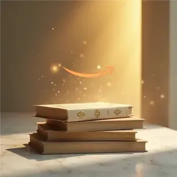 Minimalist stack of antique spiritual books with gold spines on marble, representing a global collection of sacred texts.