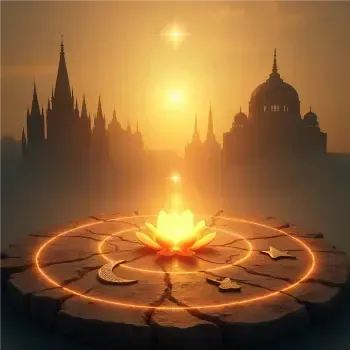 A circular arrangement of diverse religious symbols glowing under a golden divine light, representing the study of world spiritualities.