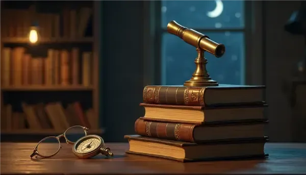 A high-glamour, cinematic close-up of a vintage brass telescope resting on a stack of antique linen-bound books, illuminated by a single dramatic beam of light against a starry night sky background.